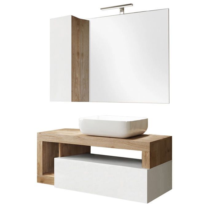 ARTURO - Meuble Vasque 110cm suspendu + Miroir blanc et aspect bois finition Cadiz ARTURO - Meuble Vasque 110cm suspendu + Miroir blanc et aspect bois finition Cadiz