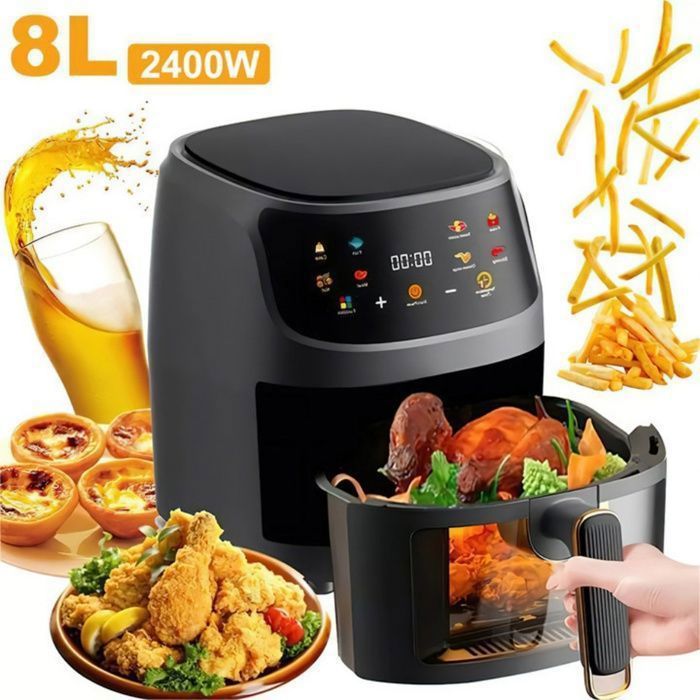 Friteuse à Air Sans Huile 8L Air Fryer 2400W avec Fenêtre Transparente Écran Tactile LED 8 Programmes Prédéfinis Facile à - Vrodnsd
