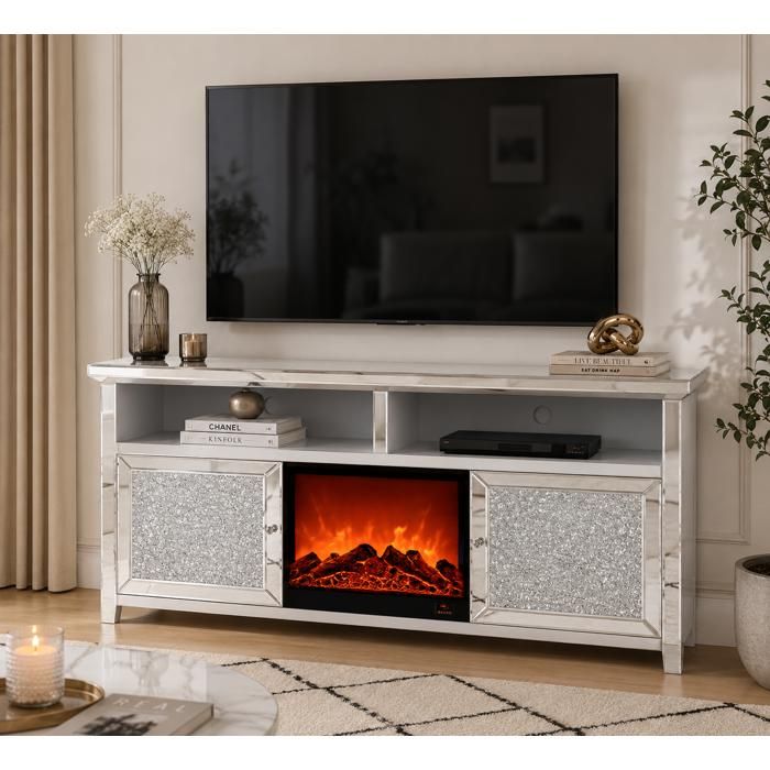 Meuble TV avec Cheminée ÉTINCELLE – 146x40x85 cm – Effet Miroir Chic