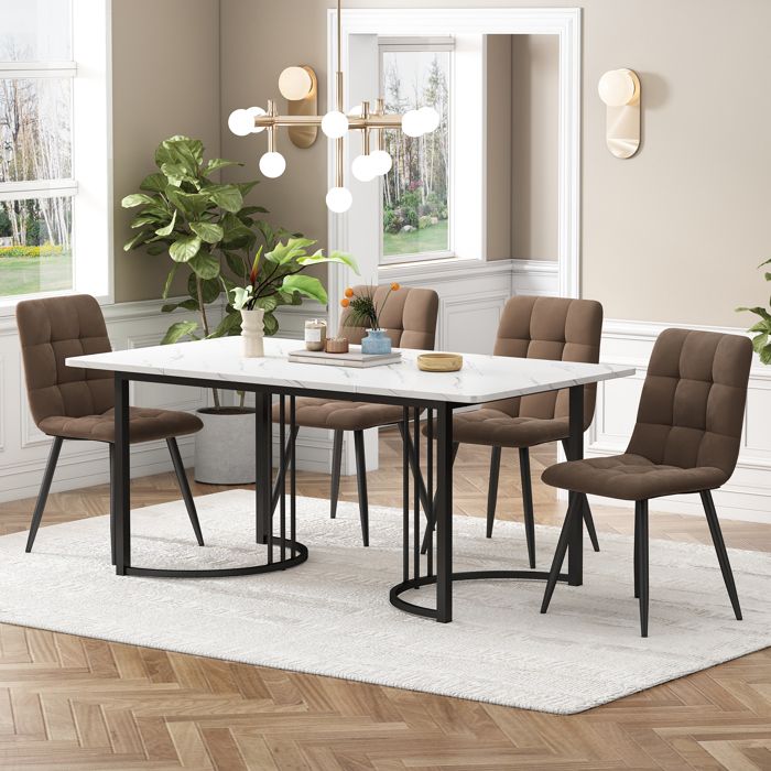 Ensemble Salle à Manger - Merax - 5 Pièces - Velours Marron - MDF Blanc - Pieds Métal Noir Ensemble Salle à Manger - Merax - 5 Pièces - Velours Marron - MDF Blanc - Pieds Métal Noir