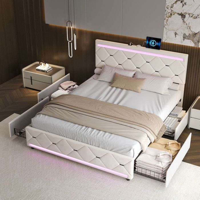 Lit tiroir - Lit Adulte 140x190 cm - 4 tiroirs & sommier à lattes - LED RGB 7 couleurs - 2 ports USB