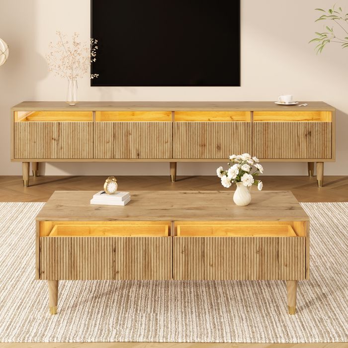 Ensemble de salon 2 pièces - MODERNLUXE - Meuble TV 4 portes - Table basse 2 tiroirs - Éclairage LED - Naturel