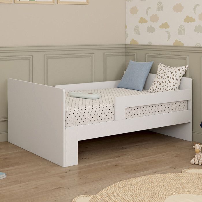 IDMARKET Lit simple évolutif GASPARD 90 x 140/190 cm avec sommier et barrières bois blanc