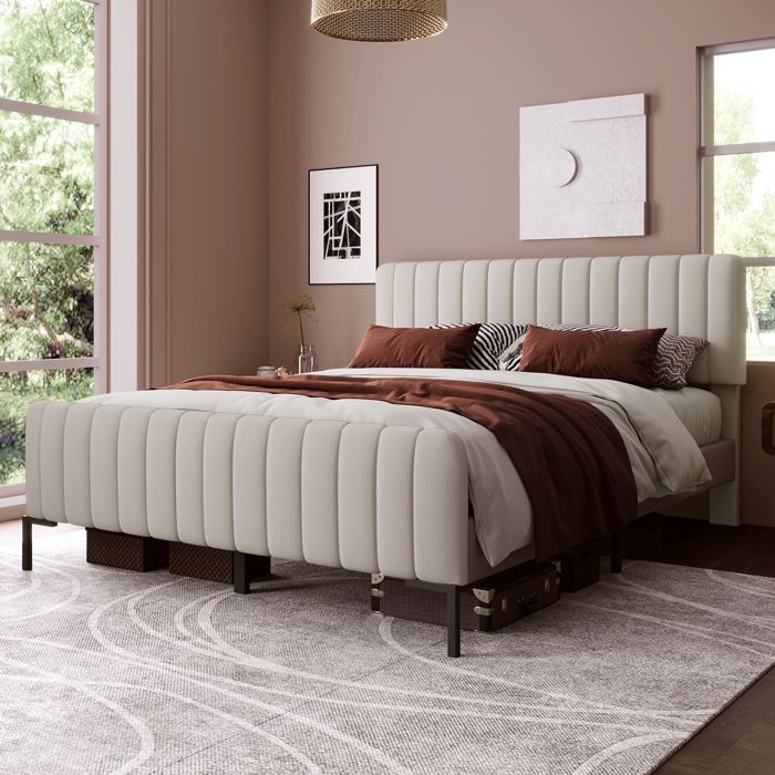 Lit Double Rembourré 180x200 cm en Lin Gris Beige avec Tête de Lit Réglable – Cadre de Lit Moderne et Confortable pour Chambre Lit Double Rembourré 180x200 cm en Lin Gris Beige avec Tête de Lit Réglable – Cadre de Lit Moderne et Confortable pour Chambre