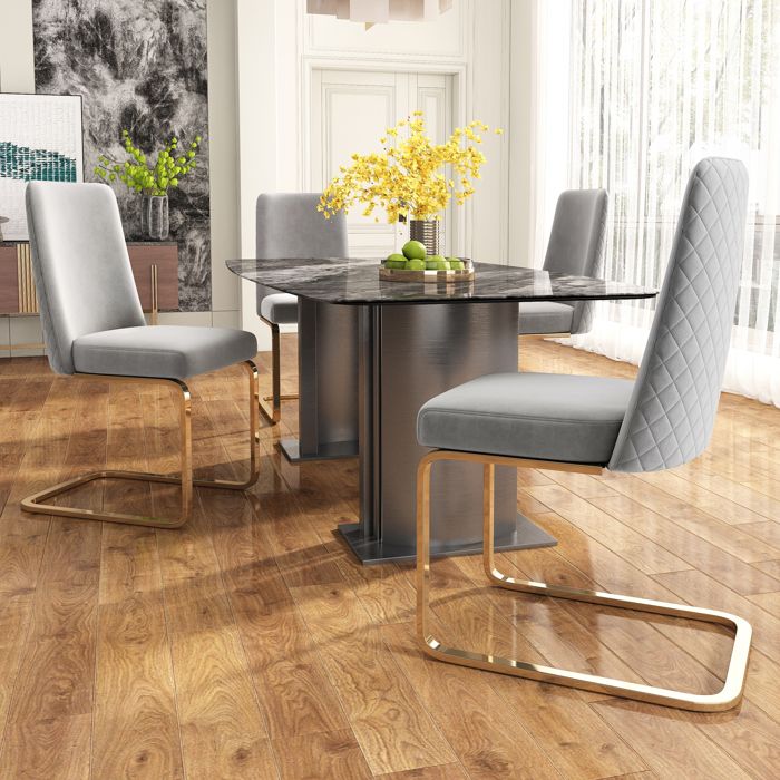 Chaise de salle à manger en velours - Ensemble de 4 - Gris - Design du dos en diamant - Pieds en métal doré