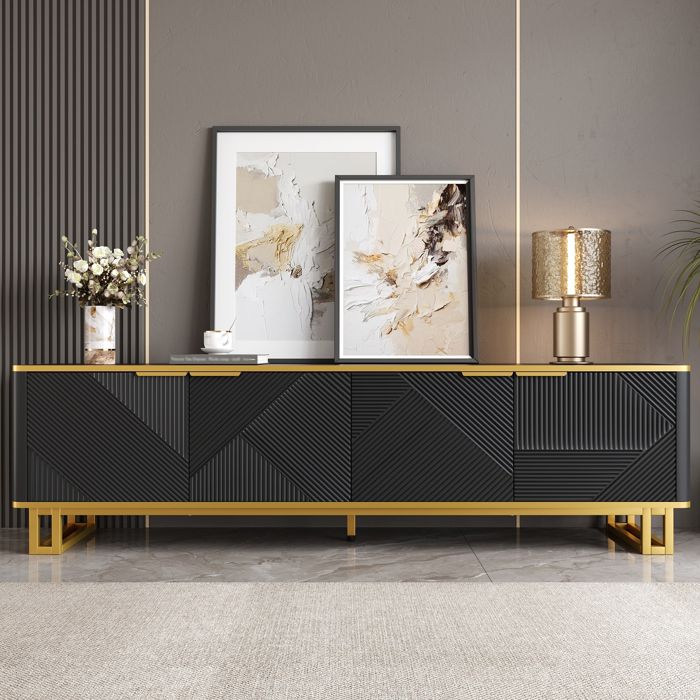 Meuble TV - 4 portes - Design géométrique - Noir - 160 x 37.5 x 48 cm