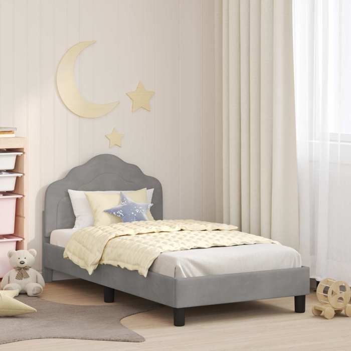 Lit enfant avec tête de lit - UU - Gris clair - Velours - 168x84x80 cm - Poids maximal 140 kg - Cadre à lattes