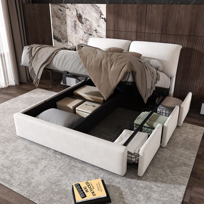 Lit coffre capitonné 140x190 cm - MODERNLUXE - 3 tiroirs - Sommier à lattes - Velours - Beige(sans matelas)