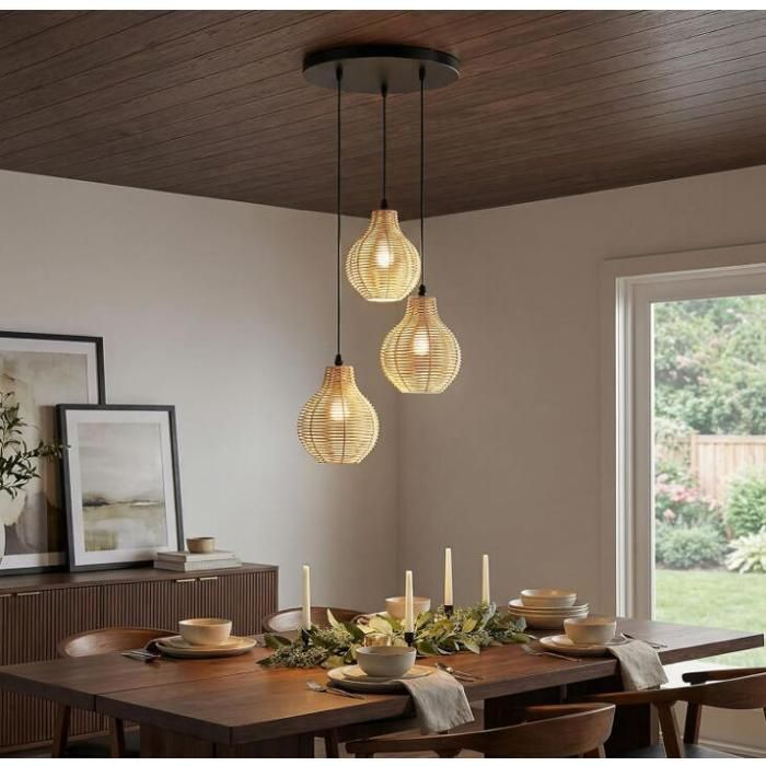 Suspension Luminaire Salon Cuisine en Rotin - RELAX4LIFE - 3 Flammes Style Bohème - Hauteur Réglable - Douille E27 (Non Inclus)