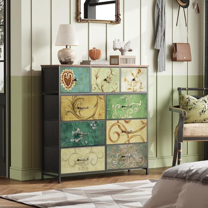 Commode 9 Tiroirs en Tissu - 100x30x100cm - avec Motifs Rétro Floraux Cadre Métallique Robuste et Dessus en Bois - Style Vintage