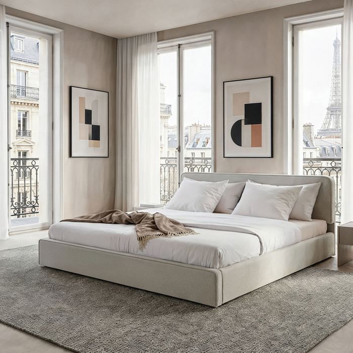 Lit Double LATINI 160x200 en Tissu Gris Clair Lit Queen Size 2 Personnes avec Sommier à Lattes Inclus Tête Réglable en Hauteur