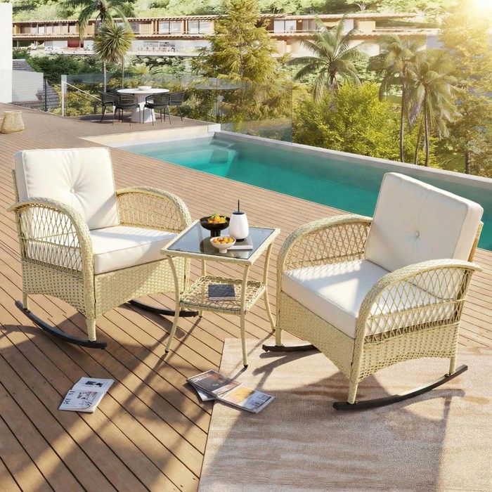 Ensemble fauteuils à bascule jardin - 2 fauteuils + table - Cadre fer galvanisé - Rotin tressé - Verre trempé