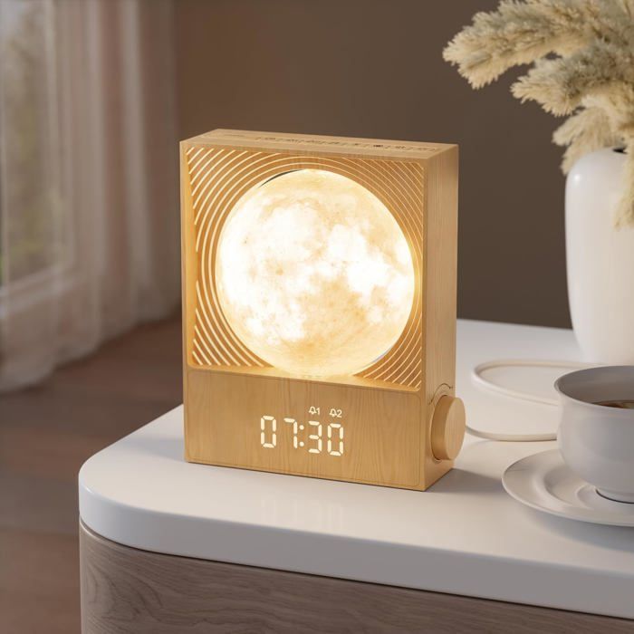 Réveil Simulateur dAube avec Lampe Lunaire Rotative - 15 Sonneries Veilleuse & Lampe Chevet 3 Luminosités - 10 Sons Naturels