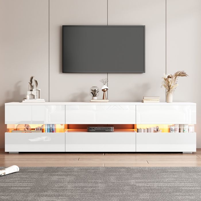 Meuble TV - KOMHTOM - 160 x 39 x 45 cm - LED - 2 portes 1 tiroir - Blanc brillant Meuble TV - KOMHTOM - 160 x 39 x 45 cm - LED - 2 portes 1 tiroir - Blanc brillant