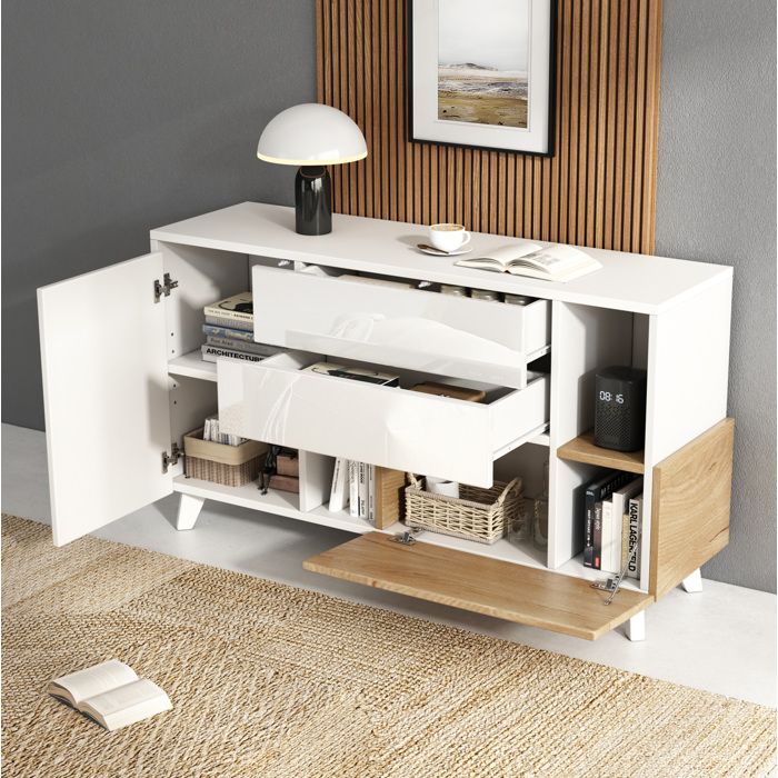Buffet 130x40x70 cm avec 2 tiroirs 2 portes pop-open et niche ouverte panneaux bois et blanc brillant