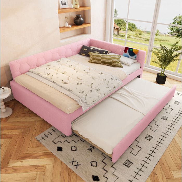 Lit Gigogne 140 × 200 cm avec Sommier a Lattes Lit Tiroir USB et USB Type-C - TCQPZ - Lampe de Chevet en MDF Rose