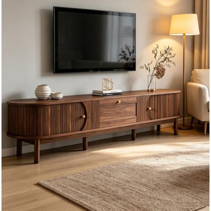 Meuble TV avec tiroirs en rotin et portes en bois massif 170 x 39 5 x 38 cm Banc TV en Rotin en Bois design rustique