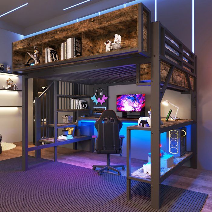 Lit mezzanine - LEMONBEST - 140x200 cm - Bureau dangle intégré - LED multicolore + USB‑C - MDF & métal