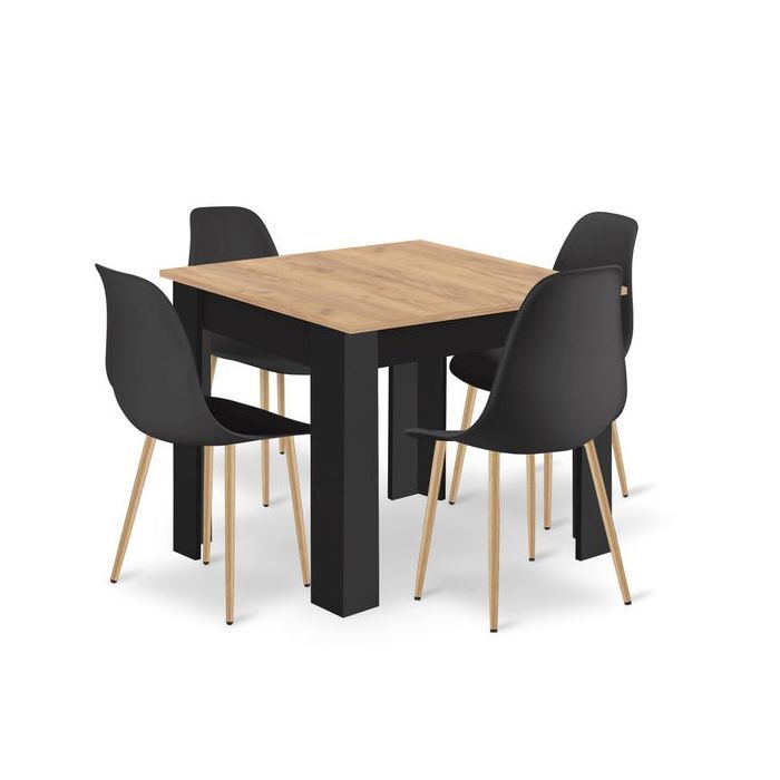 Ensemble : table NP 80 x 80 cm Artisan (pieds noirs) + 4 chaises WAT (noires / pieds naturels)