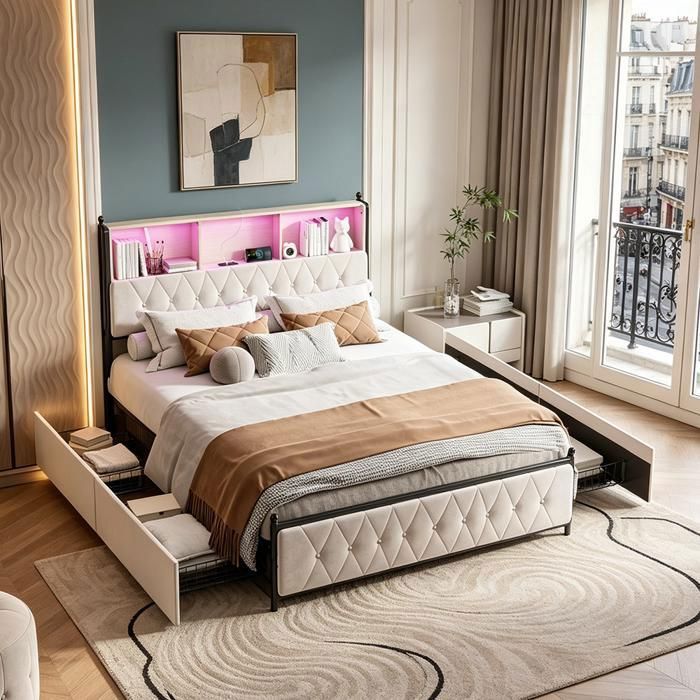 Lit Coffre 140x200cm lit capitonné avec Rangement tête de lit avec Station de USB et éclairage LED Sommier à LattesVeloursBeige