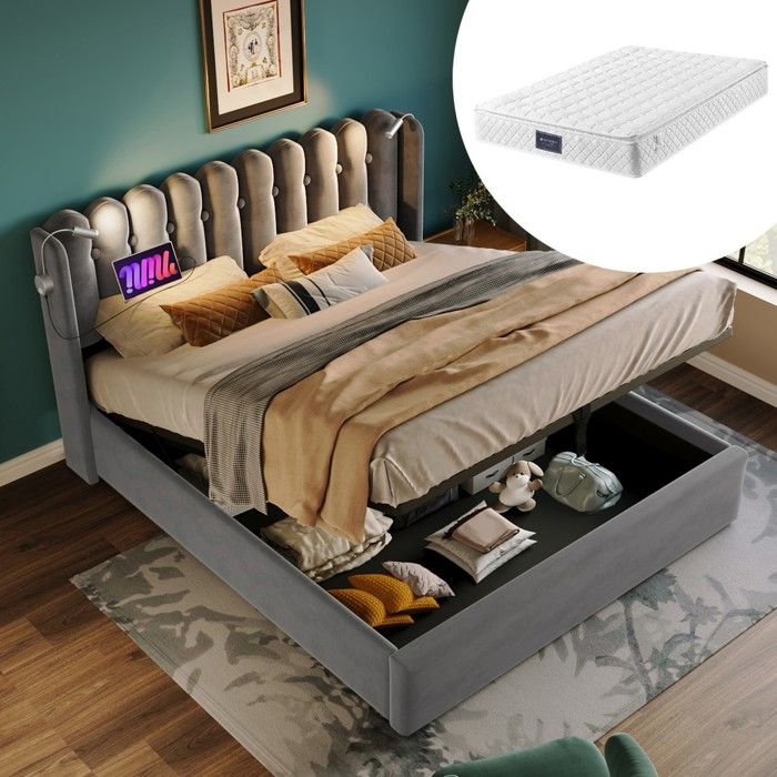 Lit double velours gris 140x200cm lampe lecture USB-C rangement tête lattes avec matelas