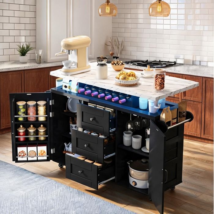 Îlot de cuisine mobile 138x60x93 cm avec plan de travail rabattable MDF deep black 5 roues porte-bouteilles et porte-verres