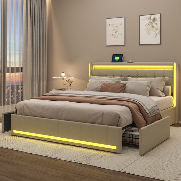 Lit Double 180x200 cm - Tête Élégante avec Rangement - 4 Tiroirs Intégrés - Base Lattes - Idéal Adulte et Teenager - Beige