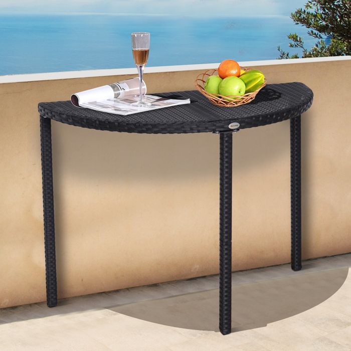 Table de balcon semi-ronde 100 x 50 x 74 cm noir polyrotin et métal meuble de jardin d’appoint