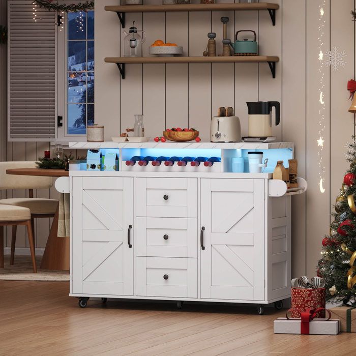 îlot central de cuisine mobile desserte avec plateau rabattable LED 2 portes 3 tiroirs blanc 120 x 60 x 93 cm ORVRYN