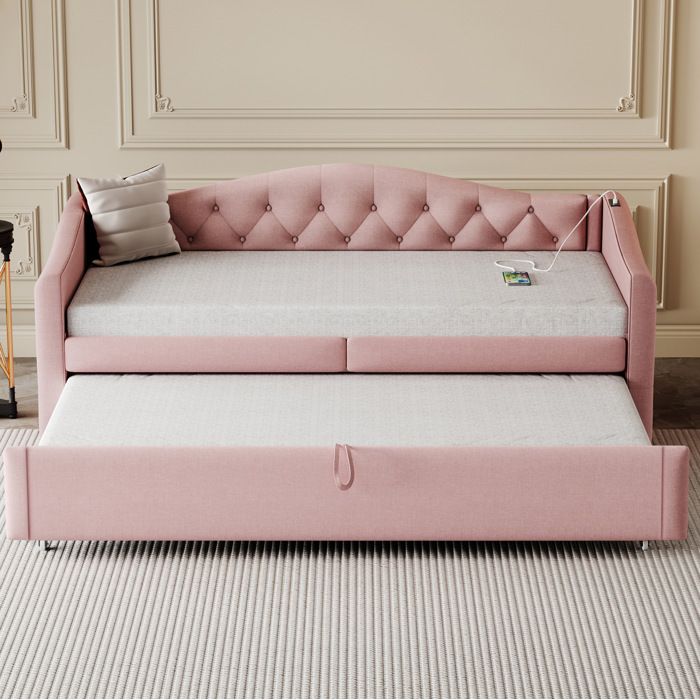 WOVREO Canapé-lit gigogne 90 x 200 cm rose avec port USB sommier à lattes inclus tissu de lin
