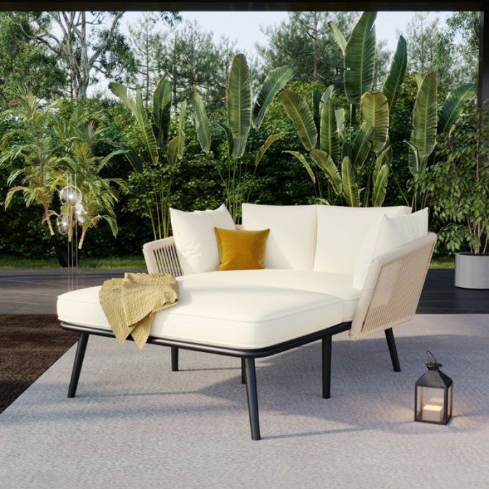 Salon De Jardin 2 Places Ensemble Mobilier De Jardin Avec Canapé Et Coussins Confortables Structure Métal Beige SALON BAS DE JARDIN