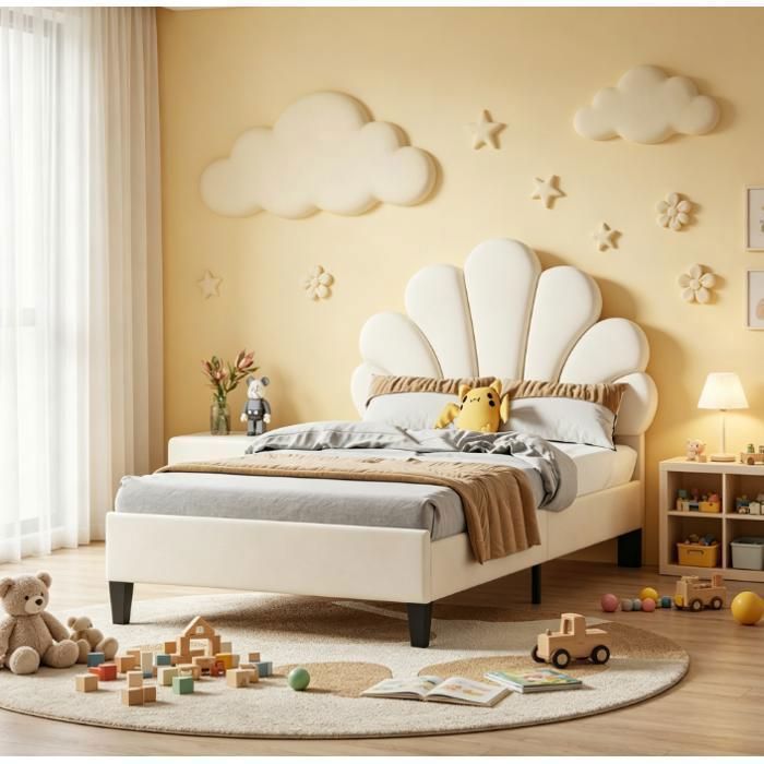 Lit enfant 90 × 200 cm lit simple avec sommier à lattes lit rembourré pour enfants adolescents et adultes beige en velours