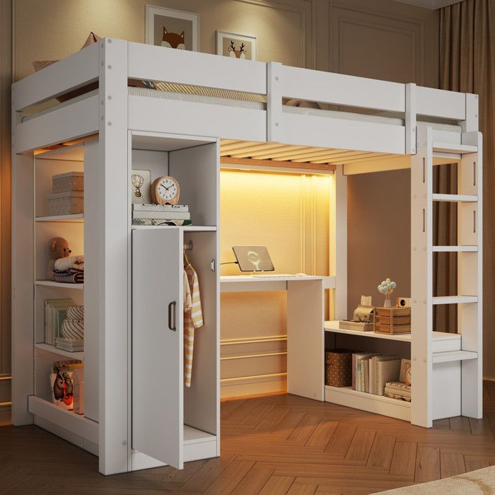 Lit mezzanine 90x200 cm lit simple lit enfant avec penderie étagères bureau sous le lit éclairage LED et port USB blanc