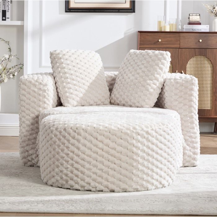 Fauteuil 1 Place avec Repose-pieds - avec Design 360° et Sans Montage - pour Salon ou Chambre - en Tissu Beige