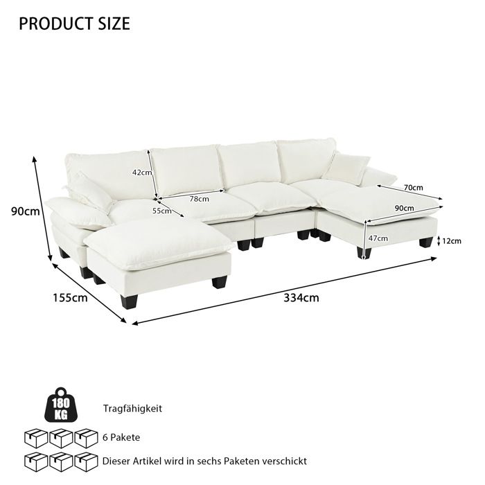 Canapé panoramique en U 6 places modulable avec ottomans amovibles accoudoirs amovibles chenille beige - UVRION