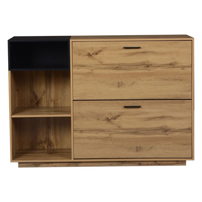 Meuble à chaussures 120 cm avec 2 portes basculantes 3 niches ouvertes rangement dentrée en MDF noir et bois naturel Meuble à chaussures 120 cm avec 2 portes basculantes 3 niches ouvertes rangement dentrée en MDF noir et bois naturel