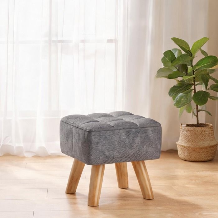 Pouf capitonné carré en tissu effet lin gris – Repose-pieds ou tabouret d’appoint 27 x 27 x 26 cm