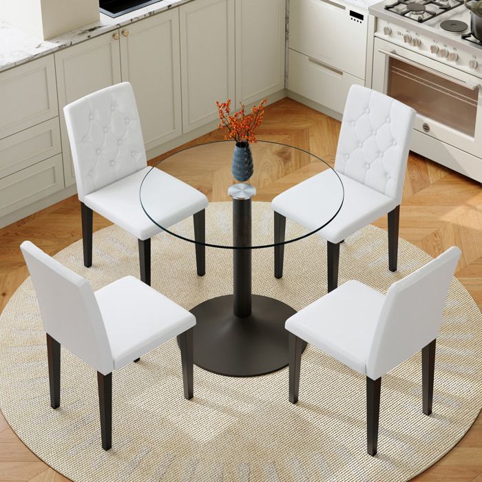 Ensemble Table et Chaises avec 1 Table en Verre et 4 Chaises Capitonnées - Métal Verre et PU - Noir Transparent et Blanc