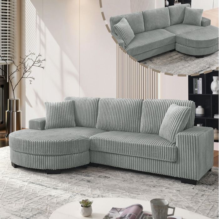 Canapé dangle 4 places modulable réversible 2565 x 1335 x 89 cm velours côtelé gris avec pouf ovale et 2 coussins