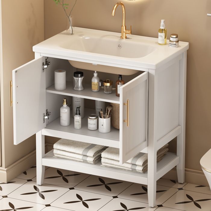 Meuble sous-lavabo avec lavabo céramique - 80 cm - Blanc - MDF - Lavabo en céramique - Meuble de salle de bain simple