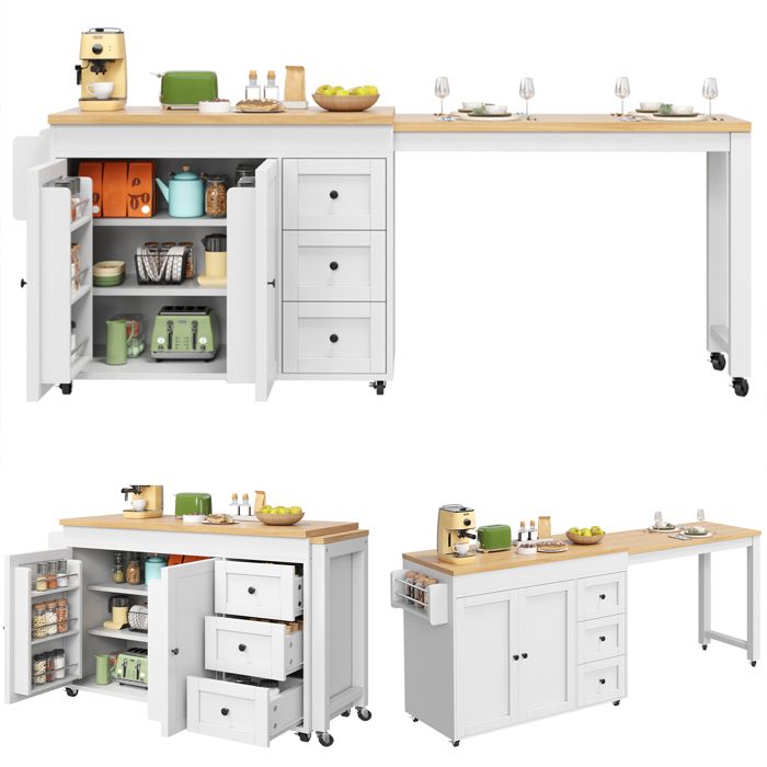 LEMLIT Îlot Central de Cuisine Extensible 116 - 1795 x 45 x 89 cm 2 Portes et 3 Tiroirs Roulettes Blanc
