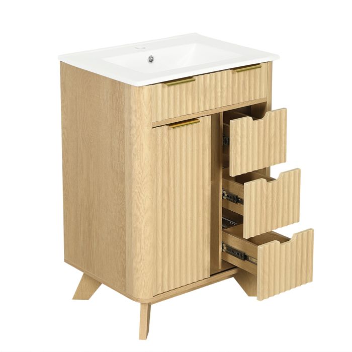 Meuble vasque salle de bain 61 cm 3 tiroirs porte coulissante effet bois naturel design vague décoratif Meuble vasque salle de bain 61 cm 3 tiroirs porte coulissante effet bois naturel design vague décoratif