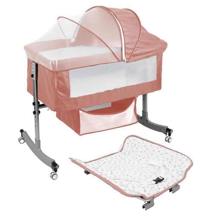 Lit Bébé Berceau Cododo 4 en 1 avec Moustiquaire Matelas Table à Langer Panier de Rangement 6 Hauteur Réglable pour 0-24 Mois Rose