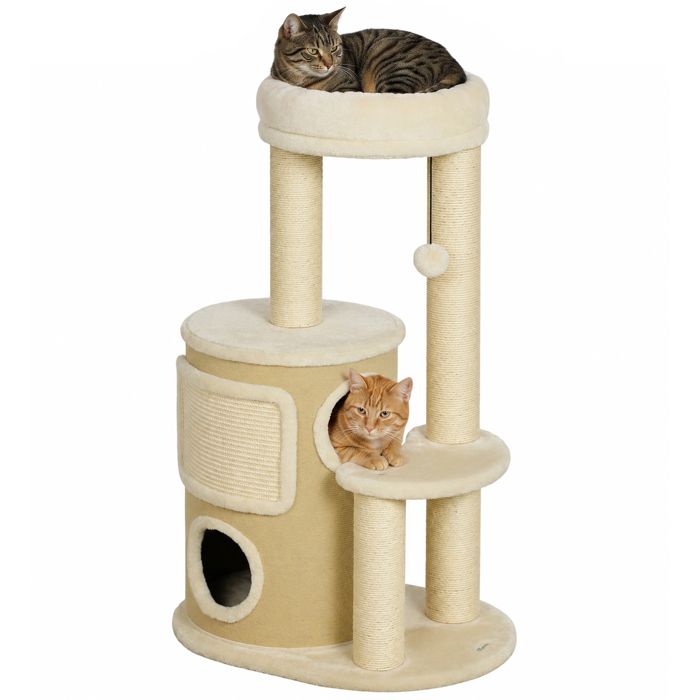 Arbre à chat - PawHut - multi-niveaux tonneau avec double niche lit plateforme poteaux à griffer - sisal - 55x39x90cm - beige