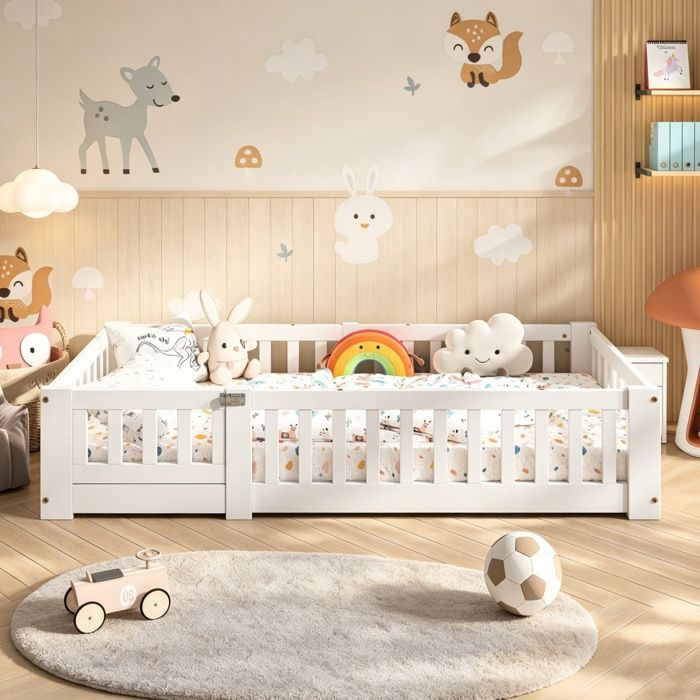 Lit enfant 90 x 200 cm - Pin massif - Avec barrière de sécurité - Sommier à lattes - Blanc