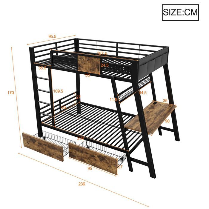 Lit superposé - SOGEU - Metall-Etagenbett - 2x90x200 cm - Bureau gaming intégré - LED & prises USB/USB-C