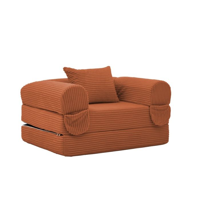 Canapé-lit convertible 1 place 120 x 85 x 65 cm velours côtelé orange avec coussin gain de place sans outil FOLYNA