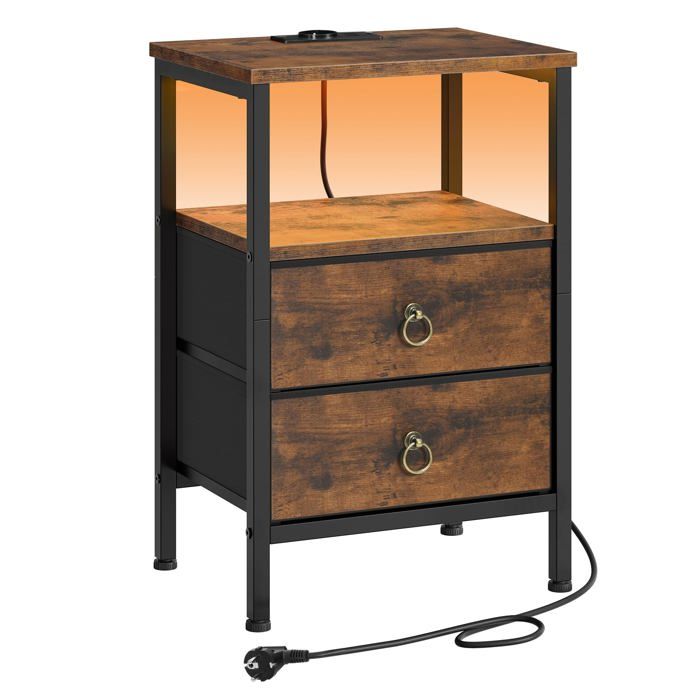 Table de Chevet avec Station de Recharge (1 AC 2 USB) et Éclairage LED Table d’Appoint avec 2 Tiroirs en Tissu et 2 CHEVET