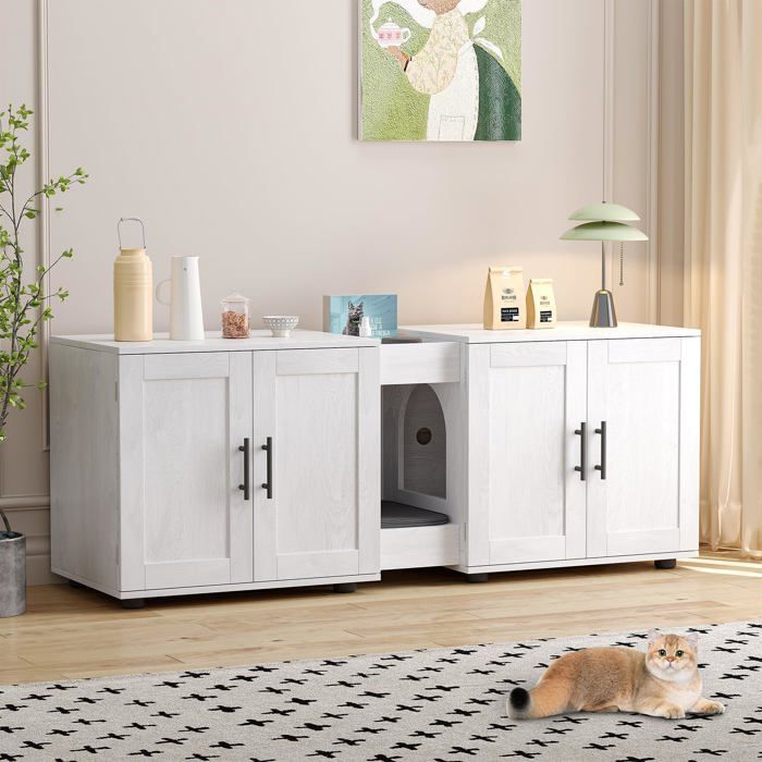 Lot 2 meubles cache litière chat 140 cm porte grange double compartiment bois blanc