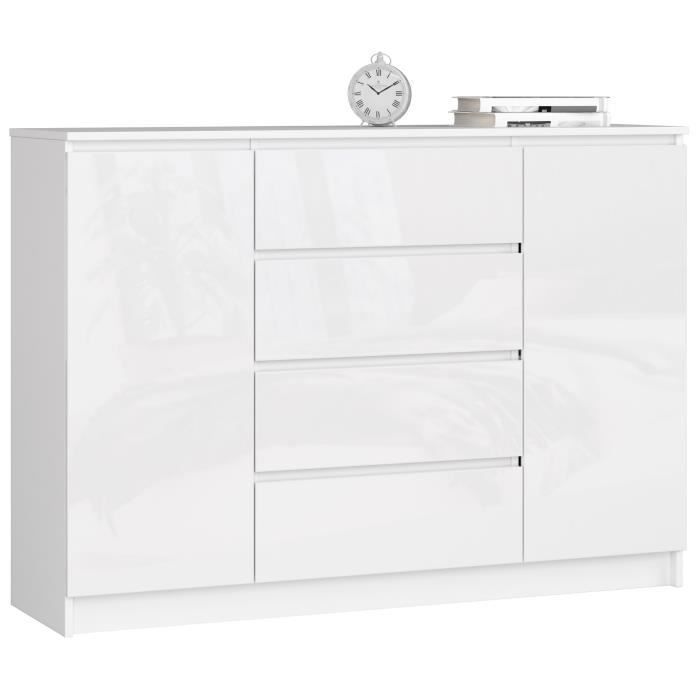 Commode AKORD K140 Blanche 138 cm 2 portes 4 tiroirs façade Blanche Brillante 4 étagères 138x40x99 cm